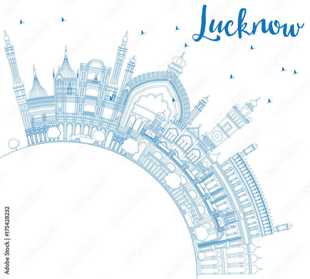 Outline Lucknow Skyline with Blue Buildings and Copy Space.