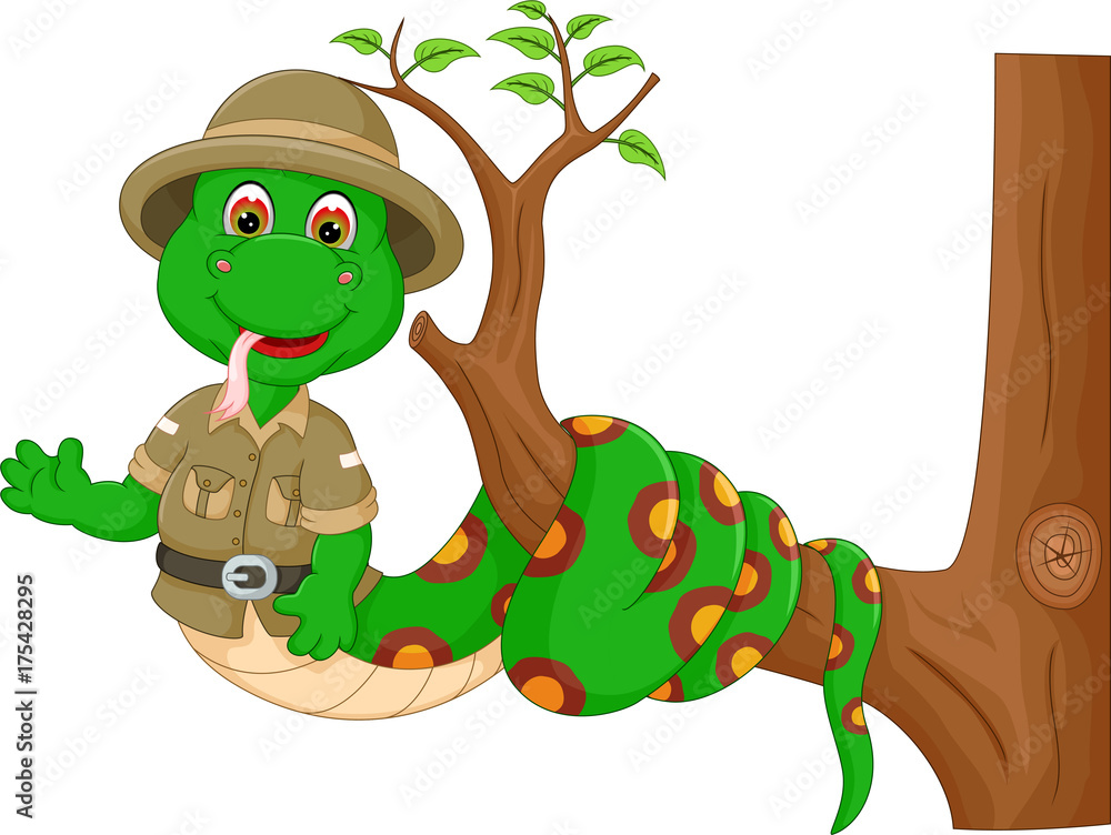 Obraz premium cute snake cartoon twisted on tree with waving and smile