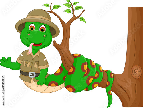 cute snake cartoon twisted on tree with waving and smile