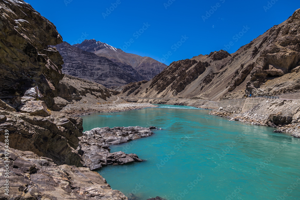 View of Indus River at Alchi village in summer time, India.