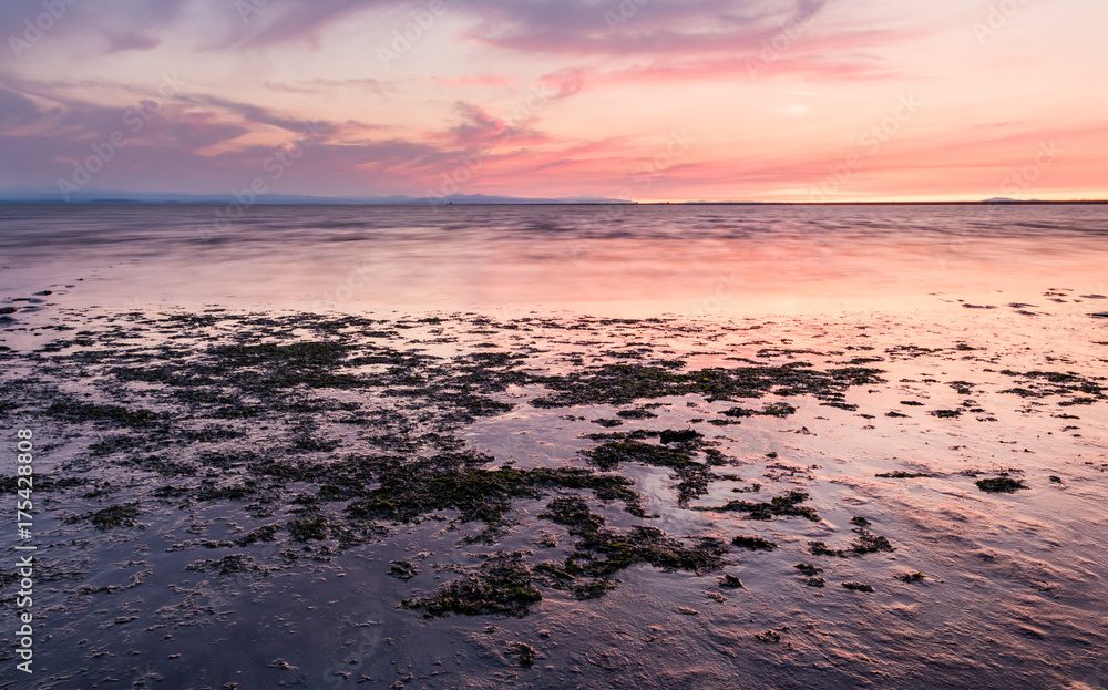 Obraz premium Beautiful pink sunset with wispy clouds and ocean shoreline 