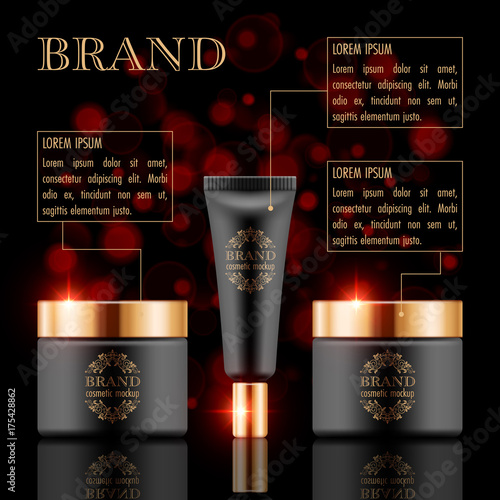 Set of cosmetic products on black background. Packaging template. Vector illustration