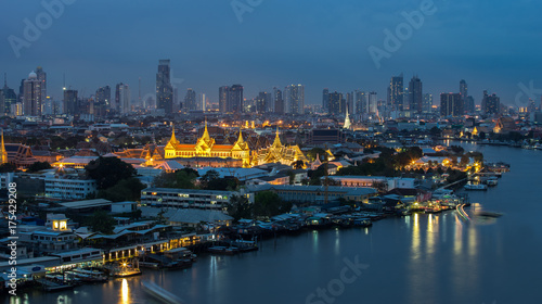 Wat Phra Kaew  Temple of the Emerald Buddha beside Chao Phraya river at twilight in Bangkok  Thailand