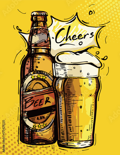 Vector image of a beer bottle and mug of beer. Hand drawing.
