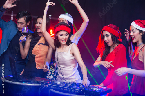Group of young Asian Women Dancing Together in Nightcub. Woman Dancing with Attractives Smiling. People with Party Concept.
