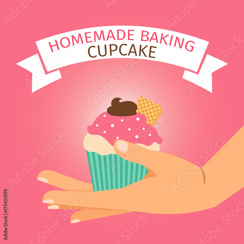 Homemade baking illustration with pink cupcake