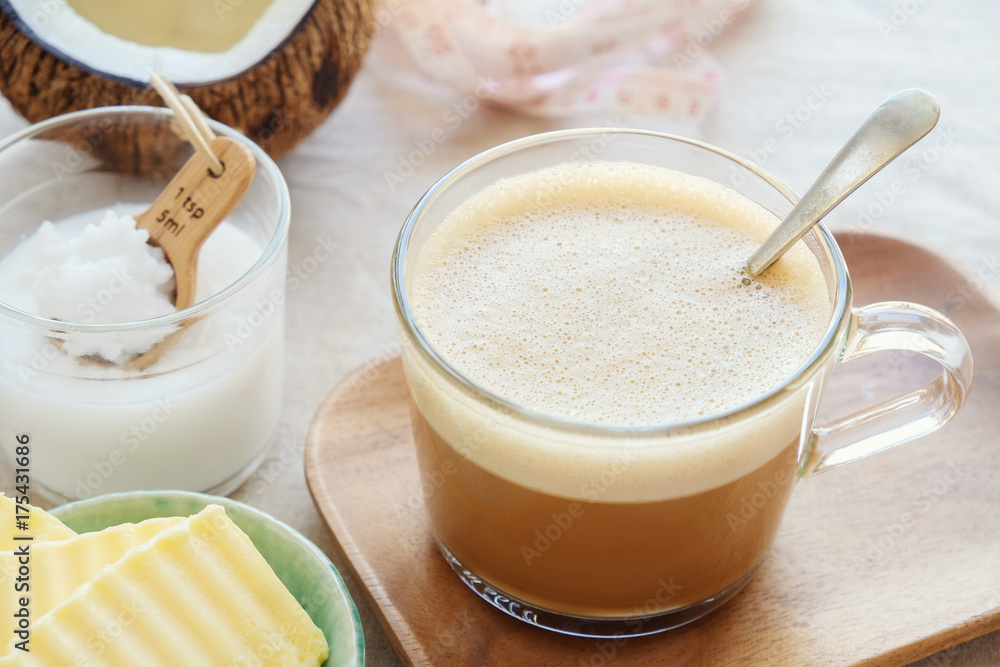 bulletproof coffee, blended with organic grass fed butter and MCT coconut oil, paleo, keto, ketogenic drink breakfast bulletproof coffee, blended with organic grass fed butter and MCT coconut oil, paleo, keto, ketogenic drink breakfast