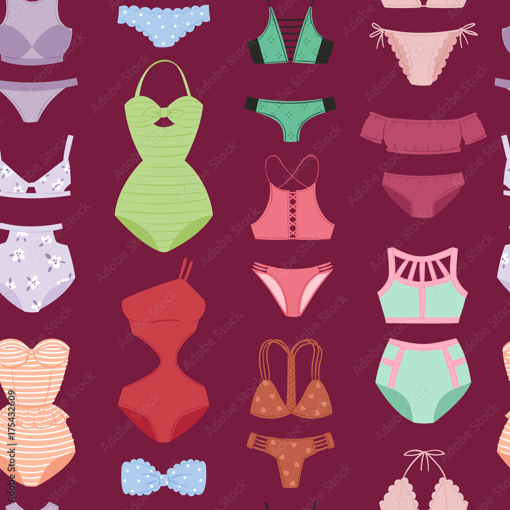 Swimsuit woman models design collection vector illustration of girls classic summer beach fashion vintage bikini collection seamless pattern background Swimsuit woman models design collection vector illustration of girls classic summer beach fashion vintage bikini collection seamless pattern background