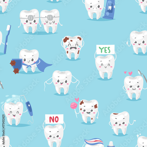 Fototapeta Naklejka Na Ścianę i Meble -  Tooth character personage dental clinic mascot with a toothbrush seamless pattern background vector illustration