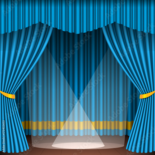 Theater stage with blue curtains entertainment spotlights theatrical scene interior old opera performance background vector illustration.