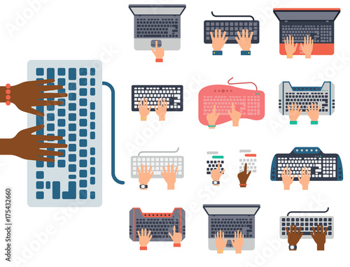 Users hands on keyboard and mouse of computer technology internet work typing tool vector illustration