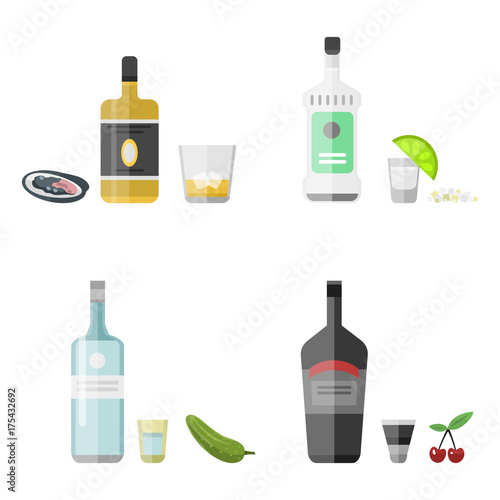 Alcohol drinks beverages cocktail appetizer bottle lager container drunk different snacks glasses vector illustration.