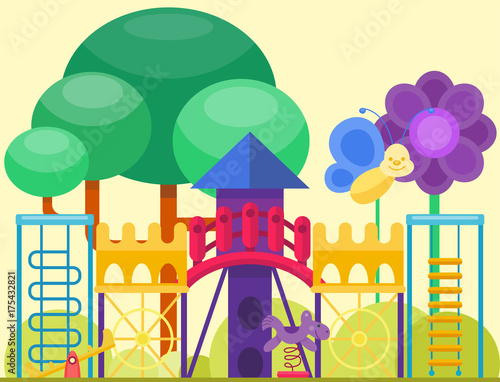 Children playground fun childhood play park activity flat vector illustration