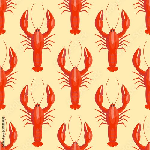 Red lobster flat seamless pattern color crab shellfish sea food background ocean animal vector illustration.