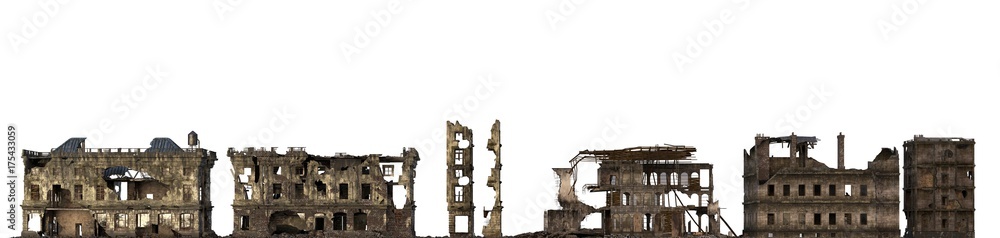 Ruined Buildings Isolated On White 3D Illustration