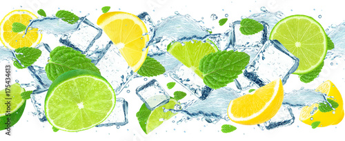 lime and lemon splash water and ice cubes isolated 