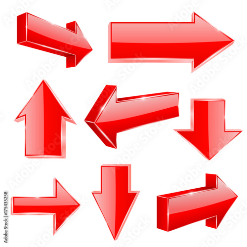 Shiny red arrows. Set of straight 3d icons