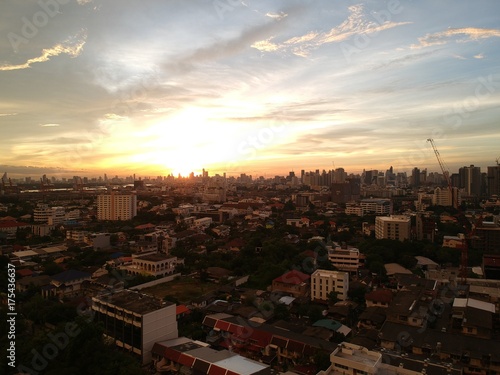 aerial view city sunset with sky