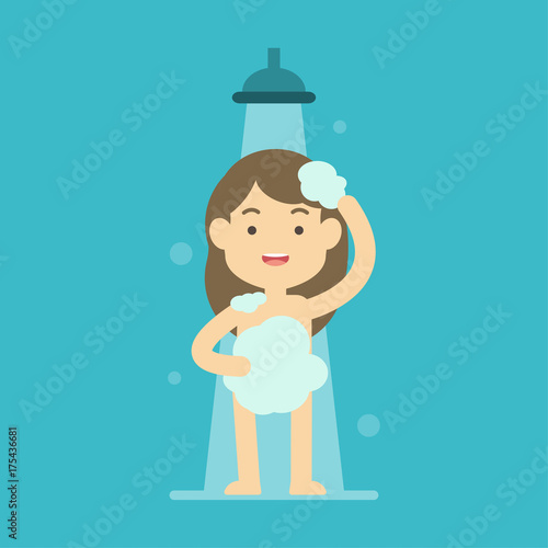 Happy girl taking shower in bathroom concept, Flat vector illustration.