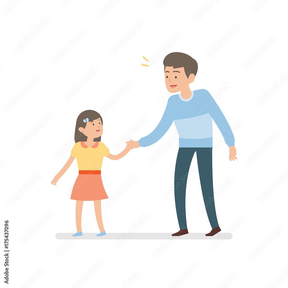 happy father and daughter holding hands while walking together, vector character illustration. happy father and daughter holding hands while walking together, vector character illustration.