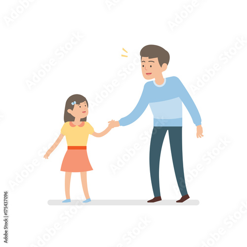 happy father and daughter holding hands while walking together, vector character illustration.