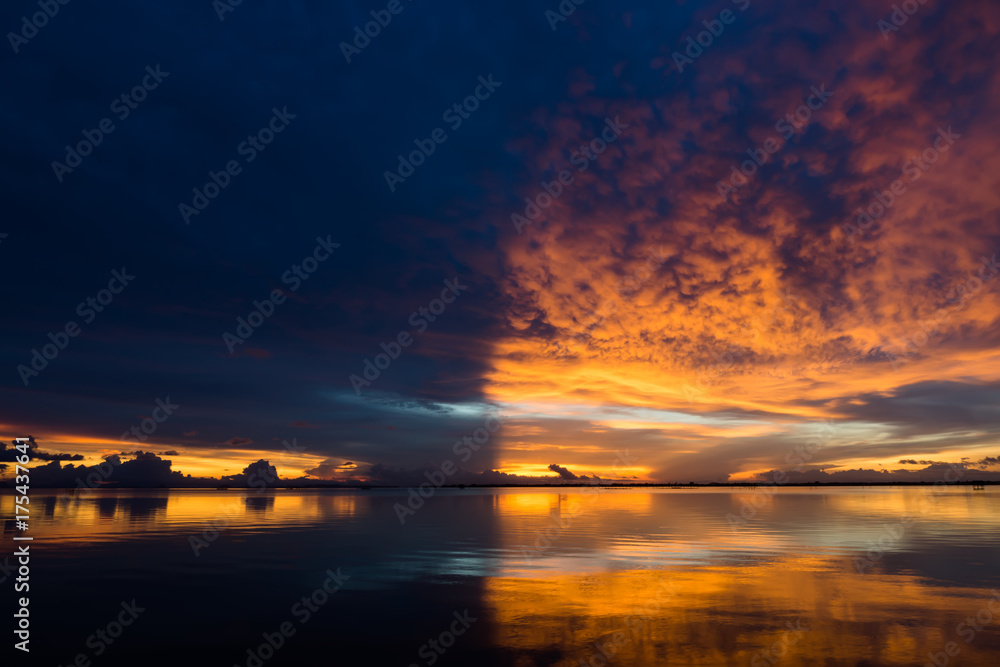 Beautiful lake after sunset with clouds.