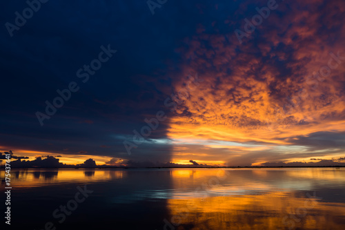 Beautiful lake after sunset with clouds. © noppharat