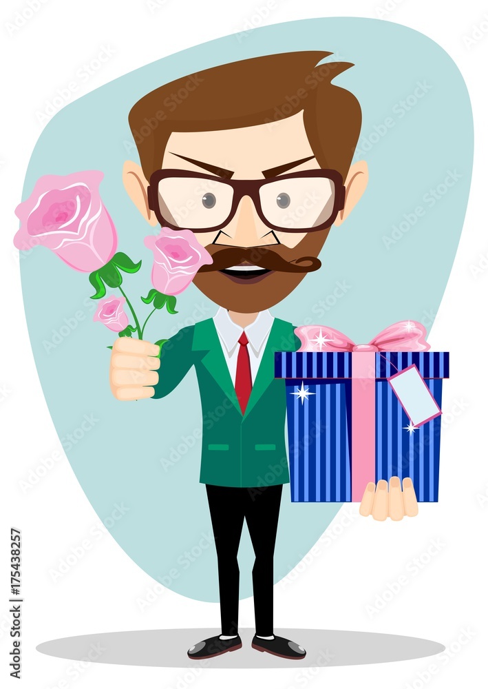Young man give rose and gift, present to lover, hipster in love. Stock flat vector illustration. Young man give rose and gift, present to lover, hipster in love. Stock flat vector illustration.