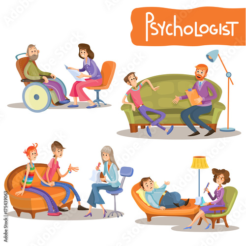 Psychologist at work cartoon characters vector illustration set.  Psychiatrist talking with clients, advising couple, provides psychological support, consulting teenagers, helping to overcome stress