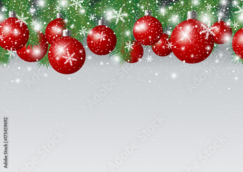 Vector christmas background design of red xmas ball and fir branch with snow