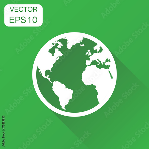 Globe world map icon. Business concept round earth pictogram. Vector illustration on green background with long shadow.