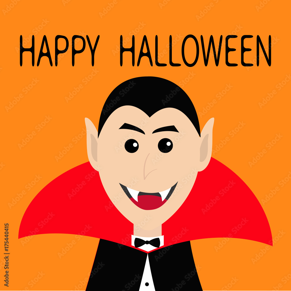 Count Dracula head face wearing black and red cape. Cute cartoon smiling vampire character with fangs. Happy Halloween. Greeting card. Flat design. Orange background. Isolated. Stock Vector | Adobe Stock Count Dracula head face wearing black and red cape. Cute cartoon smiling vampire character with fangs. Happy Halloween. Greeting card. Flat design. Orange background. Isolated. Stock Vector | Adobe Stock