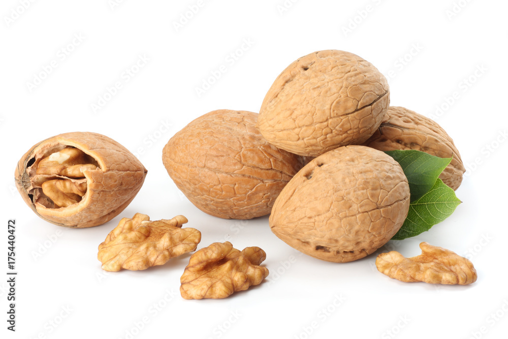 Green walnuts with leaves isolated on a white background Green walnuts with leaves isolated on a white background