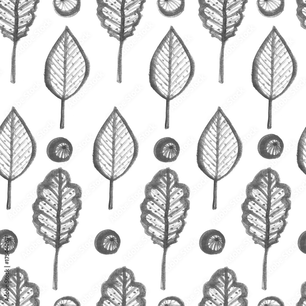 Obraz premium Watercolor hand drawn seamless pattern with autumn leaves and berries