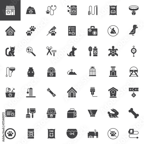 Pet shop accessories vector icons set, modern solid symbol collection, filled pictogram pack. Signs, logo illustration. Set includes icons as toy, animal, dog, aquarium, cat, hamster, veterinary
