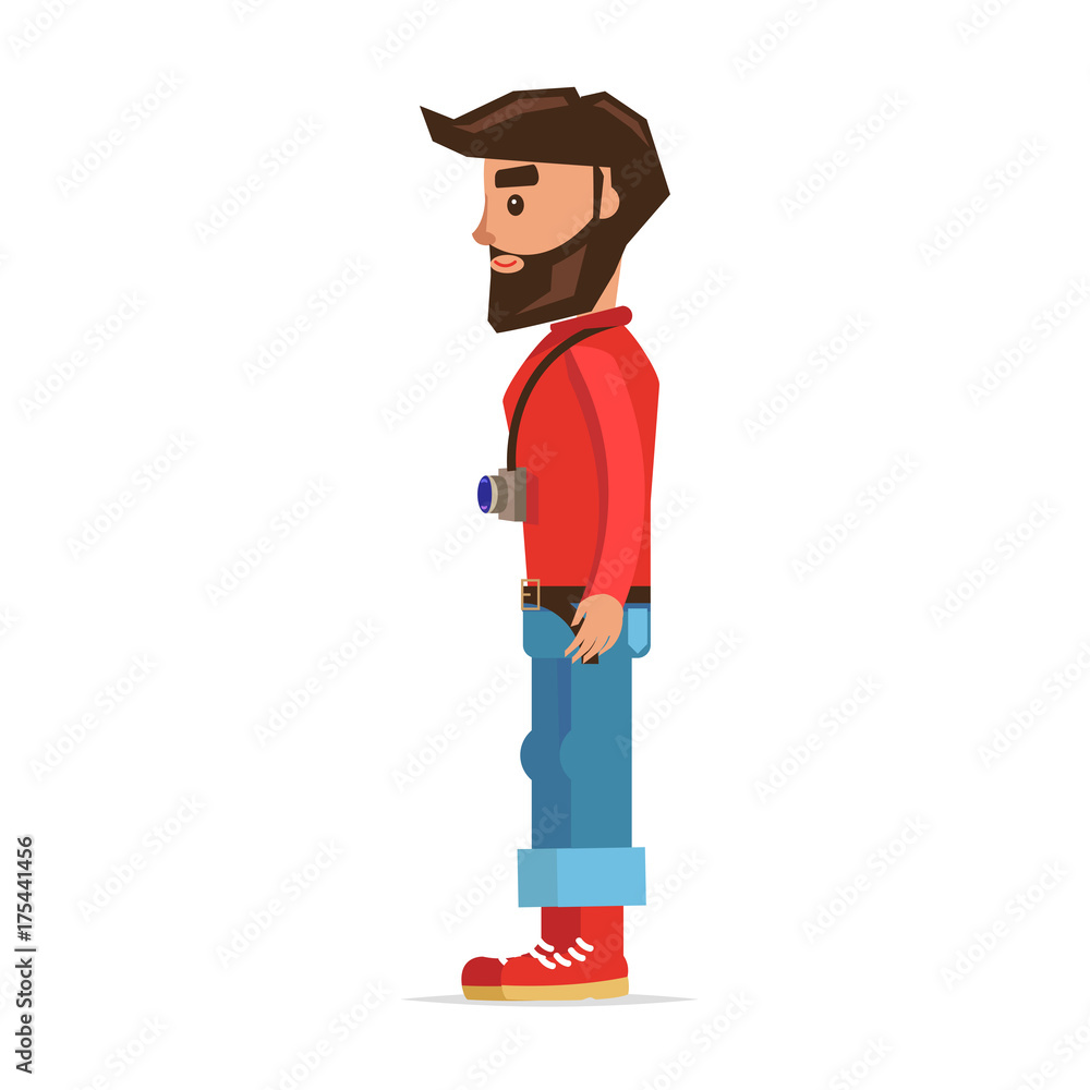 Bearded Hipster Man with Camera Cartoon Character