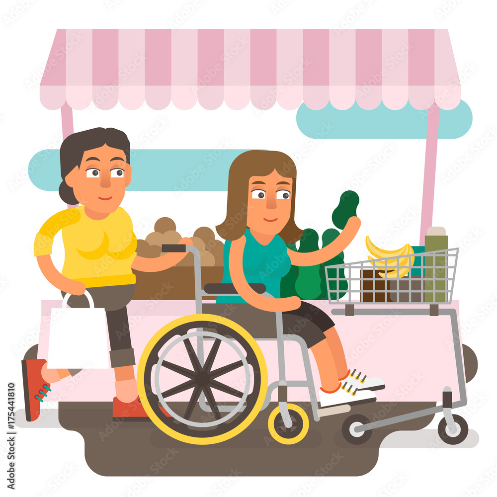 Fototapeta premium Differently abled female shopping on wheelchair with friend