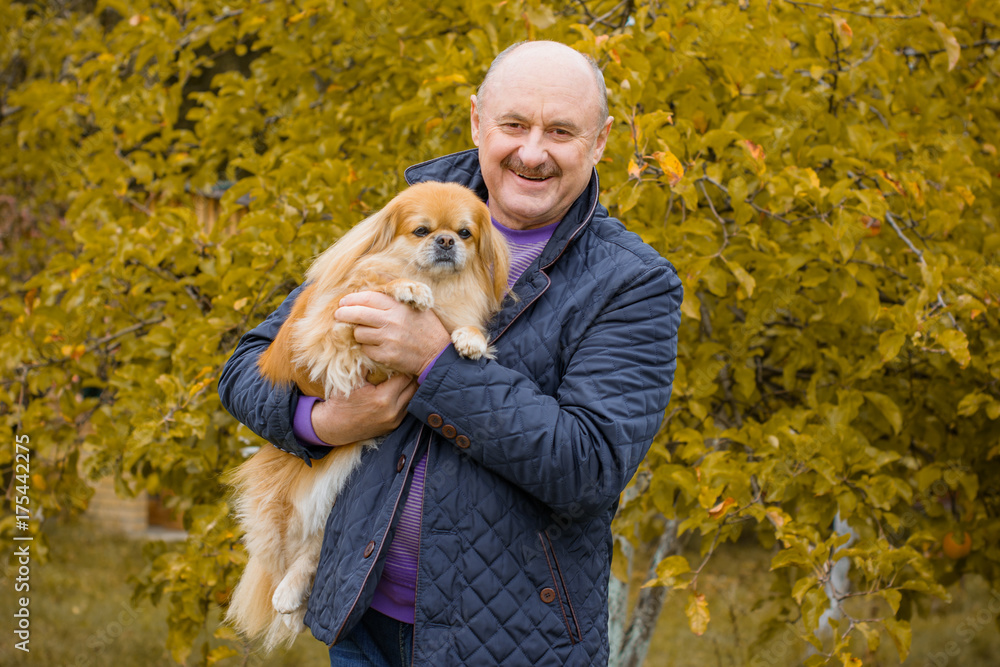 Senior man with a dog on a walk in city park having fun together. Old man and his best friend Senior man with a dog on a walk in city park having fun together. Old man and his best friend