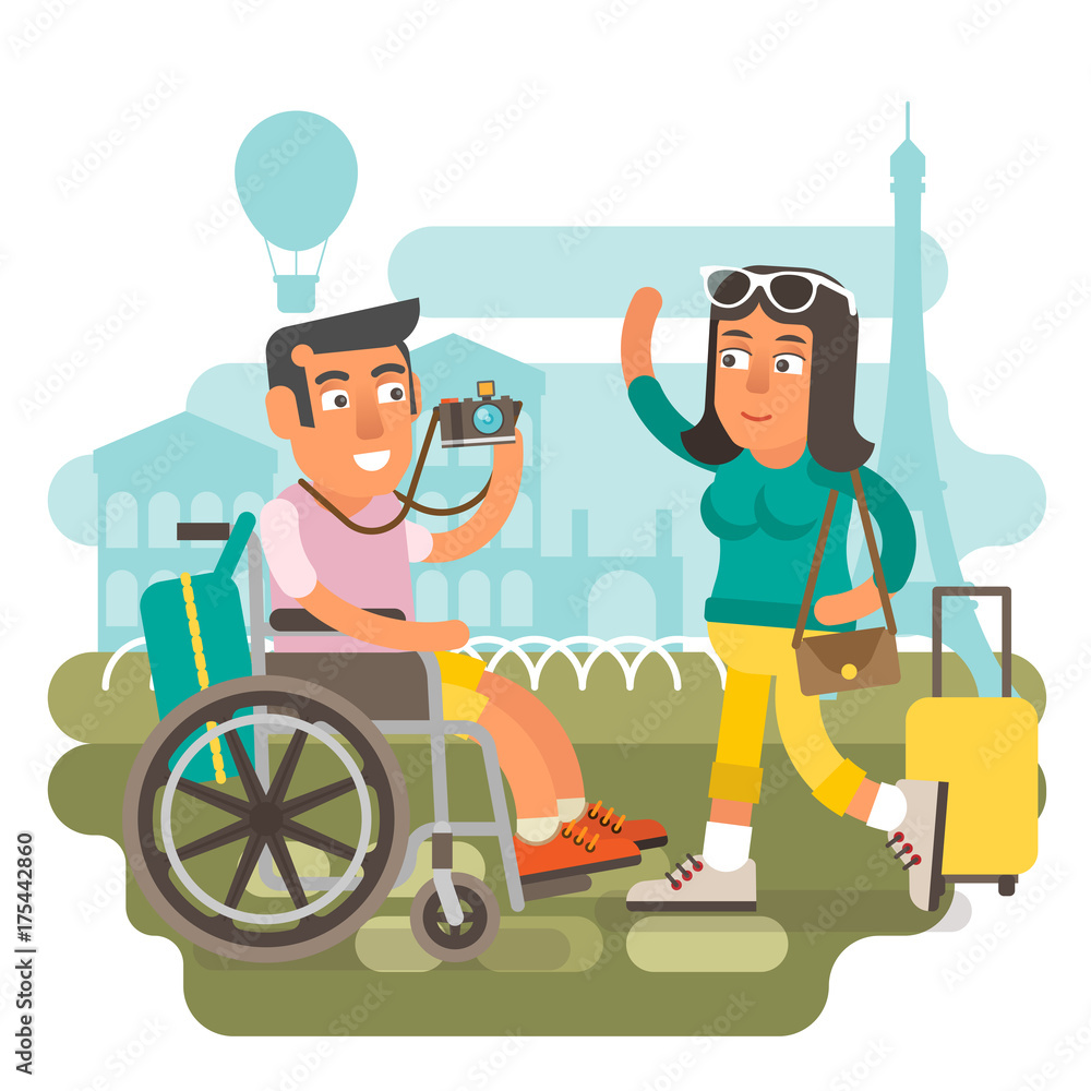 Differently abled male on wheelchair traveling with girlfriend 