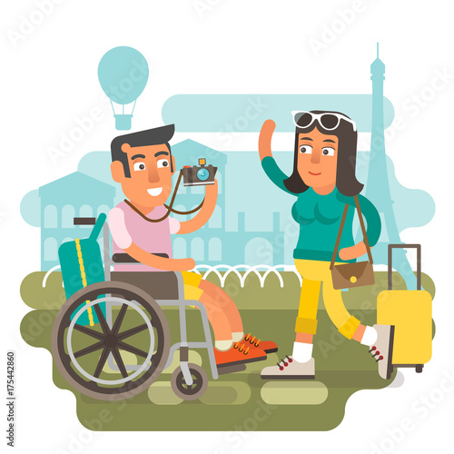 Differently abled male on wheelchair traveling with girlfriend 