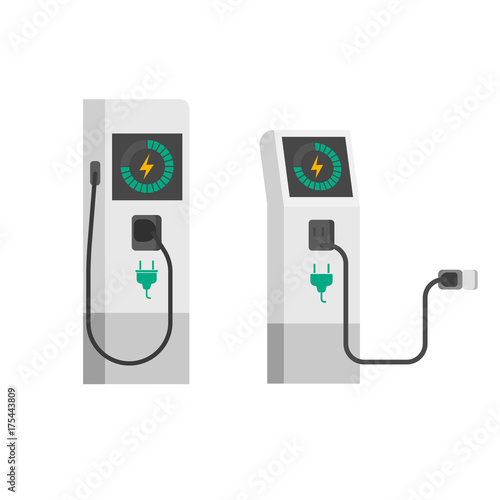 Electric car charger vector illustration, flat cartoon electric vehicle charging station with wire cable isolated on white background