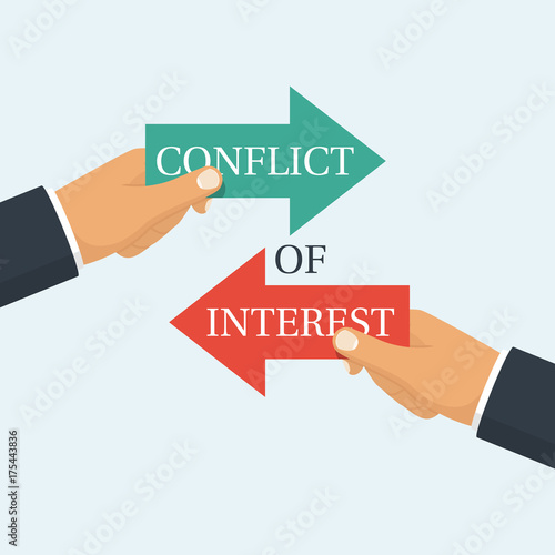 Conflict of interest. Business concept. Two businessmen keep the arrows red and green against each other. Vector illustration flat design. Isolated on white. Rivalry metaphor. Competitiveness symbol.
