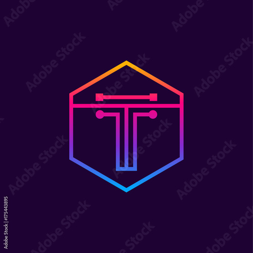Letter T colorful, Dots logo, linear hexagon shape, Digital and Technology logotype for your Corporate identity