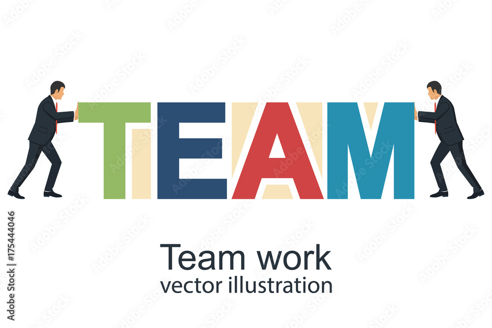 Fototapeta premium Team concept. Business metaphor. Two businessmen push word. Vector illustration flat style design.
