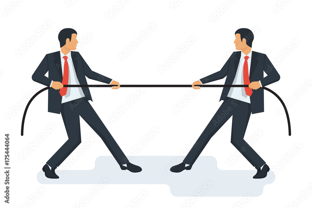 Tug concept. Two businessmen in suits pull the rope. Symbol of competition in business. Vector illustration flat design. Isolated on white background. Conflict of people.