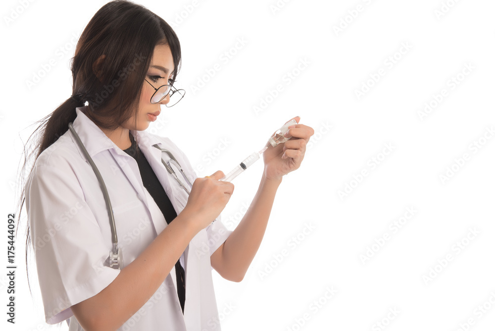 Portrait of asian doctor injection in hand isolated on white background. Medicine plastic vaccination equipment with needle. Nurse or doctor.Health care concept. Portrait of asian doctor injection in hand isolated on white background. Medicine plastic vaccination equipment with needle. Nurse or doctor.Health care concept.