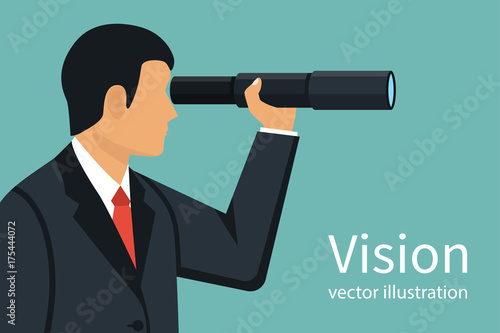 Vision business concept. Successful businessman looking in telescope, seeing future. Vector illustration flat design. Isolated on background. Spyglass in hand. Search solution. Forward-looking person.