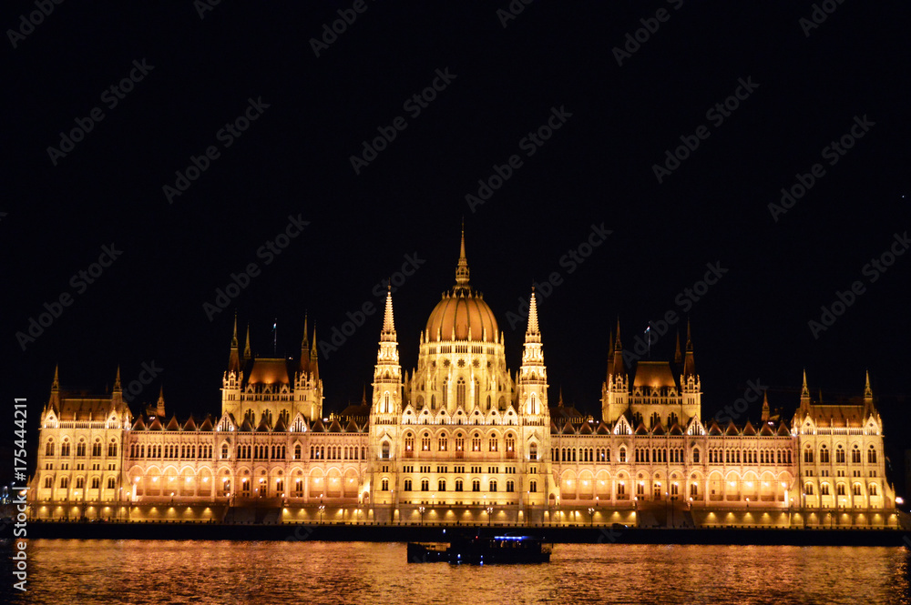 Hungarian Parliament at night with a boat