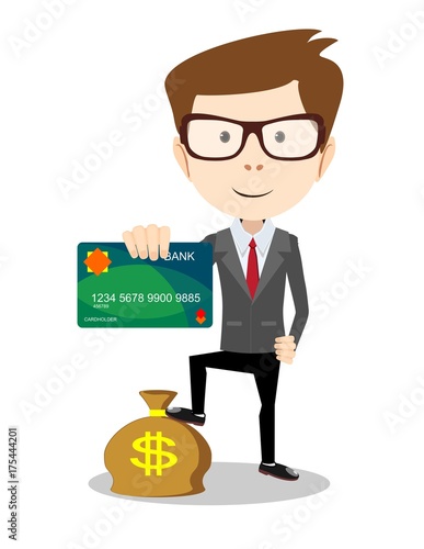 Man in suit shows plastic card and money bag - credit card payment concept. Stock flat vector illustration.