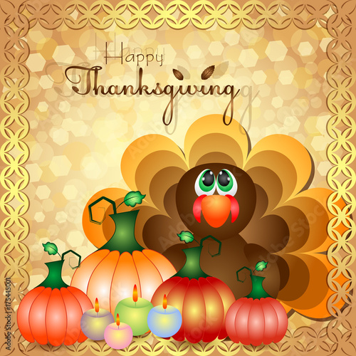 Postcard with turkey and harvest of pumpkins for congratulations with happy Thanksgiving in scrapbooking style. Vector illustration
